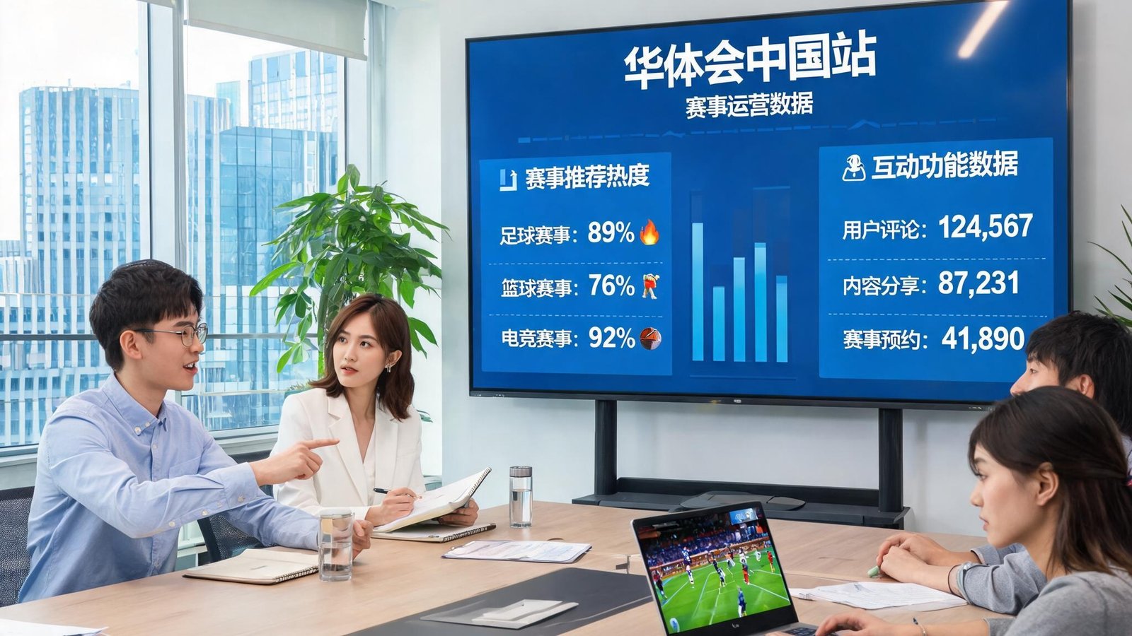 华体会中国站团队在现代化办公环境中讨论赛事推荐与互动功能，背景显示体育平台运营数据